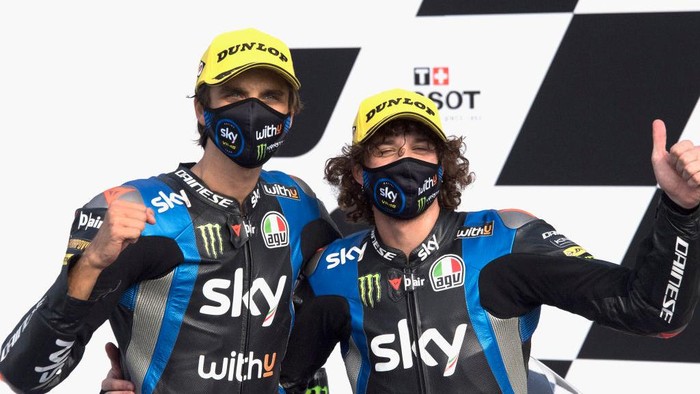 MISANO ADRIATICO, ITALY - SEPTEMBER 19: Luca Marini of Italy and Sky Racing Team VR46 and Marco Bezzecchi of Italy and Sky Racing Team VR46 (R) celebrate at the end of the Moto2  qualifying practice  during the MotoGP Of San Marino - Qualifying at Misano World Circuit on September 19, 2020 in Misano Adriatico, Italy. (Photo by Mirco Lazzari gp/Getty Images)