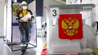 Pekerja pengeboran minyak menyalurkan hak suaranya di Uvat Tyumen, 1.891 km sebelah barat laut ibukota Moskow (16/9). (AP Photo/Sergei Rusanov)