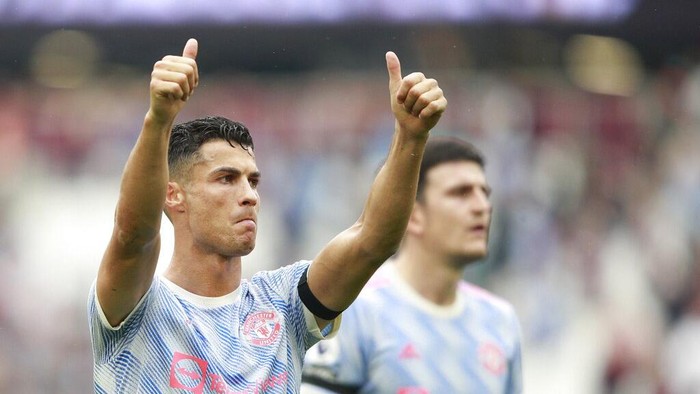 Manchester Uniteds Cristiano Ronaldo reacts after the English Premier League soccer match between West Ham United and Manchester United at the London Stadium in London, England, Sunday, Sept. 19, 2021. Manchester United won 2-1. (AP Photo/Ian Walton)