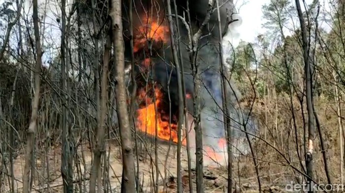 Sumur minyak ilegal di Kabupaten Batanghari, Jambi, terbakar. Kobaran api memicu terjadinya karhutla. Seorang oknum polisi diamankan karena diduga terlibat. (dok Istimewa)