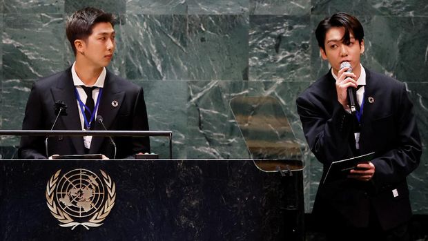 RM listens as Jungkook of the South Korean boy band BTS speaks at the SDG Moment event as part of the UN General Assembly 76th session General Debate in UN General Assembly Hall at the United Nations Headquarters, in New York, U.S., September 20, 2021. John Angelillo/Pool via REUTERS