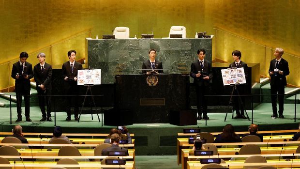 (L to R) Taehyung/V, Suga, Jin, RM, Jungkook, Jimin and J-Hope of South Korean boy band BTS speak at the SDG Moment event as part of the UN General Assembly 76th session General Debate in UN General Assembly Hall at the United Nations Headquarters, in New York, U.S., September 20, 2021. John Angelillo/Pool via REUTERS