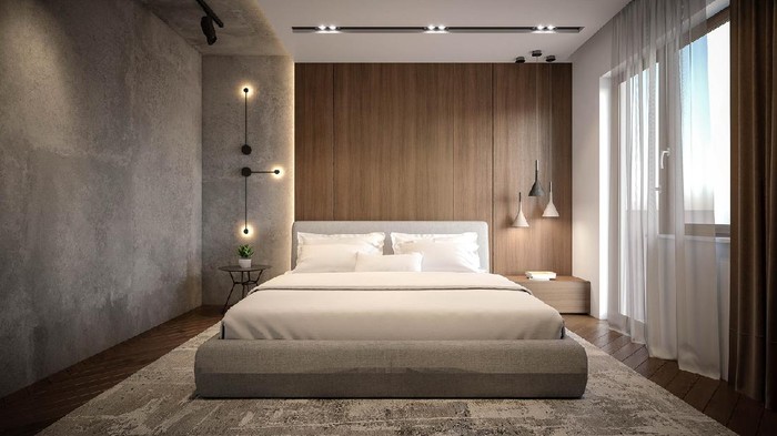 Urban jungle in bedroom with double bed, lamp and carpet, real photo with copy space on the wall