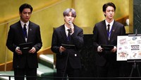Dalam pidatonya, BTS berbicara mengenai pandemi COVID-19, vaksin, perubahan iklim, dan generasi saat ini. John Angelillo/Pool Photo via AP.