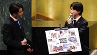 Mereka juga memperkenalkan project kolaborasi BTS dan ARMY Youth Today, Your Stories. John Angelillo/Pool Photo via AP.