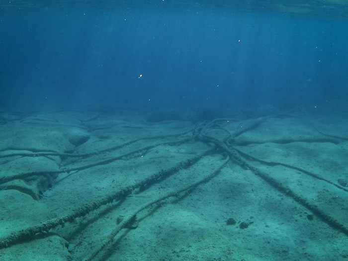 Underwater cables on the ocean floor in the Mediterranean Sea.