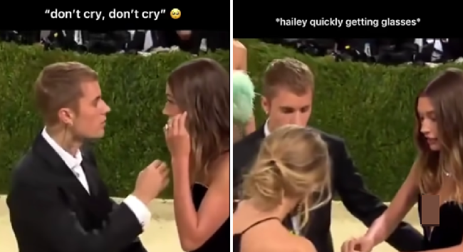 Pelantun lagu ‘Love Yourself’ itu mencoba membendung tangisan Hailey Baldwin dan mengatakan, “Don’t cry, don’t cry.”  Foto: Youube