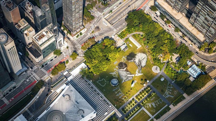 An aerial view shows the giant ephemeral landart painting entitled 