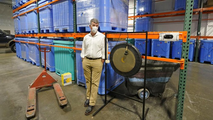 A container of compost produced from human remains is shown at Recompose, a company that composts human remains into soil, Wednesday, Sept. 15, 2021, in Kent, Wash., south of Seattle. Earlier in September, Colorado became the second state after Washington to allow human body composting, and Oregon will allow the practice beginning next July. (AP Photo/Ted S. Warren)
