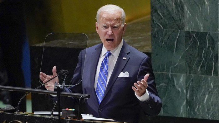 President Joe Biden delivers remarks to the 76th Session of the United Nations General Assembly, Tuesday, Sept. 21, 2021, in New York. (AP Photo/Evan Vucci)