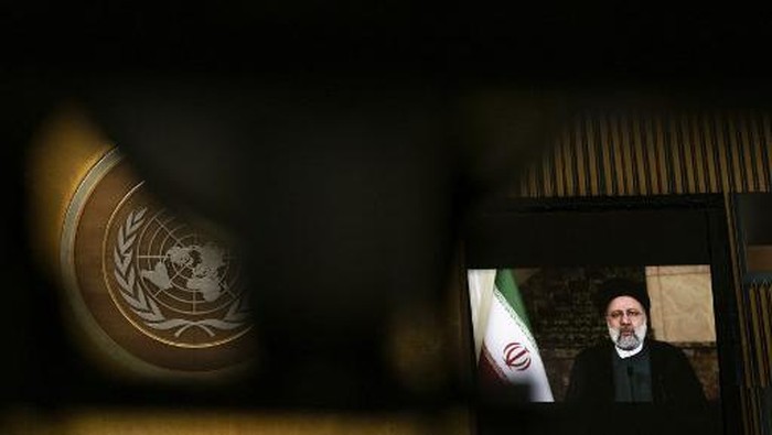 Irans Presidents Ebrahim Raisi remotely addresses the 76th Session of the UN General Assembly on September 21, 2021 in New York. (Photo by EDUARDO MUNOZ / POOL / AFP)