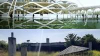 Penampakan desain Masjid Sriwijaya (atas) dan kondisi terkini yang mangkrak. Istimewa/kind.idprojectlist.