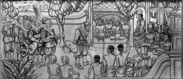 Lukisan dinding La réception de Cornelis de Houtman Java en 1595 karya Paulides di paviliun Belanda pada Pameran Dunia Kolonial di Paris.