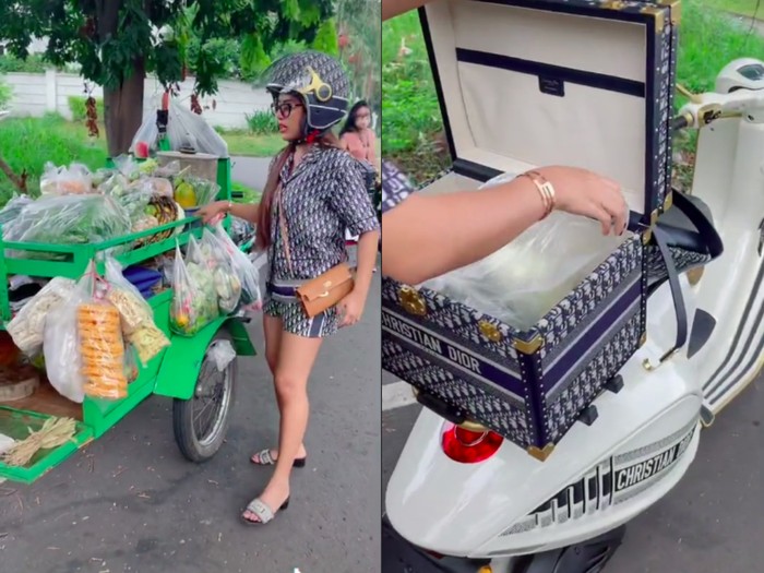 Wanita Pakai Vespa Dior Rp 1,35 M saat Beli Tempe Ini Curi Perhatian