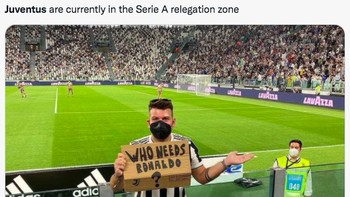 Ini nih fans yang viral dengan tulisan Who needs Ronaldo?. Tampaknya dia akan jadi meme abadi tiap kali performa Juventus memble. Foto: (Twitter)