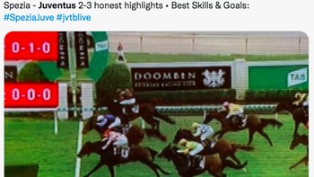 Juventus menang susah payah lawan Spezia, dikasih meme balapan kuda yang menang tipis. Ini kemenangan pertama setelah 4 laga. Foto: (Twitter)