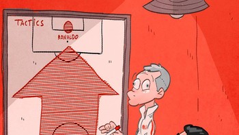 Strategi Ole Gunnar Solskjaer sering dikritik. Dalam karikatur ini dia cuma minta semua pemain kasih bola ke Ronaldo. Foto: (Twitter)