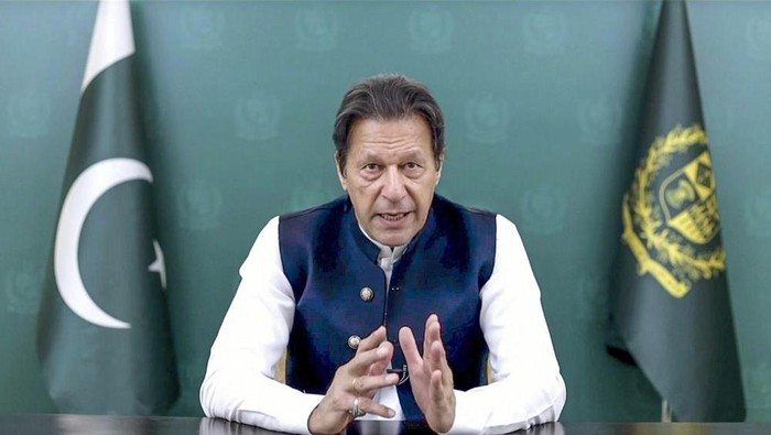 In this image taken from video provided by UN Web TV, Imran Khan, Prime Minister of Pakistan, remotely addresses the 76th session of the United Nations General Assembly in a pre-recorded message, Friday Sept. 24, 2021 at UN headquarters. (UN Web TV via AP)