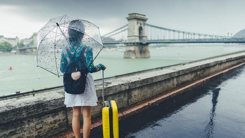 Rear view of young woman with umbrella and suitcase just arriving in Budapest