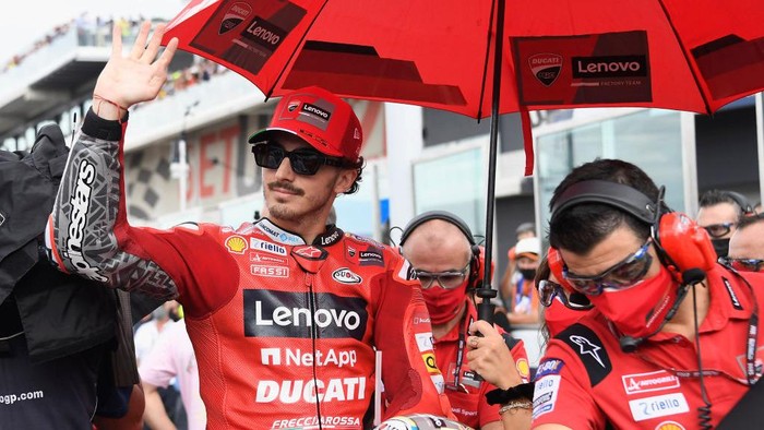 MISANO ADRIATICO, ITALY - SEPTEMBER 19:  Francesco Bagnaia of Italy and Ducati Lenovo Team  prepares to start on the grid during the MotoGP race during the MotoGP Of San Marino - Race at Misano World Circuit on September 19, 2021 in Misano Adriatico, Italy. (Photo by Mirco Lazzari gp/Getty Images)