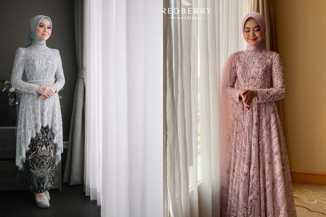 Lesti Kejora tampil cantik dalam balutan kebaya modern. Motif corak pada kain bagian bawahnya tampak disesuaikan dengan aksen di baju Billar. Sedangkan Ria Ricis tampil anggun dalam balutan dress panjang. Foto: Instagram