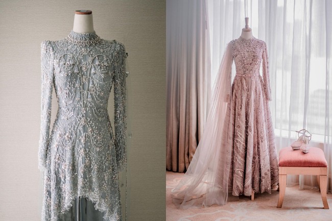 Baik busana Lesti maupun Ricis sama-sama dipenuhi oleh payet dan manik-manik. Material tersebut yang menambah kesan glamour dan elegan pada pakaian yang dikenakan oleh Lesti dan Ricis. Busana Lesti Kejora sendiri merupakan rancangan dari desainer Renzi Lazuardi, sedangkan Ria Ricis memilih mengenakan busana rancangan desainer Rakesh Bagwandash Daryanani. Foto: Instagram