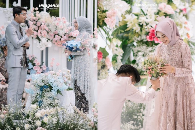 Walaupun sama-sama menyita perhatian karena menggelar acara lamaran mewah dan disiarkan secara langsung di televisi, namun kedua pasangan tersebut memiliki konsep lamaran yang berbeda. Jika Lesty dan Billar memilih warna biru keabu-abuan, maka Ricis dan Ryan justru tampil kompak mengenakan busana berwarna dusty pink. Foto: Instagram