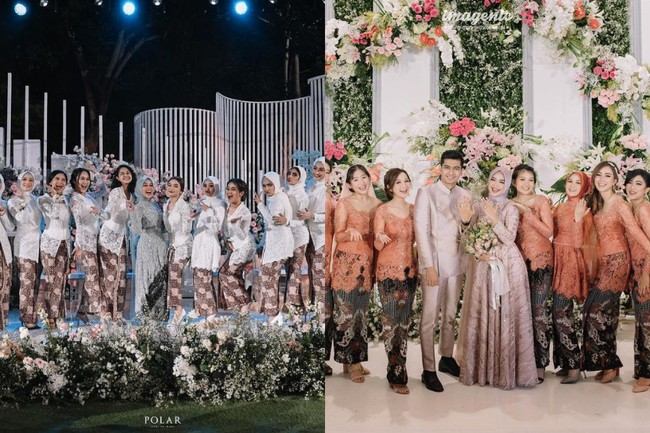 Dekorasi di acara lamaran Lesti dan Ricis pun disesuaikan dengan warna busana yang dikenakannya. Begitu pula dengan busana para bridesmaidnya. Lesti memilih busana bridesmaid berwarna putih sedangkan Ricis memilih warna oranye. Foto: Instagram