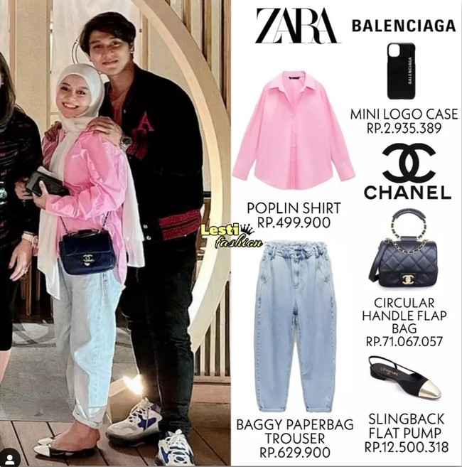 Terlihat lebih formal, Lesti Kejora tampak mengenakan kemeja berwarna pink keluaran merek Zara. Kemeja tersebut dibanderol dengan harga sekitar Rp 499 ribu. Untuk bawahannya Lesti memilih celana panjang jeans yang juga berasal dari merek Zara. Baggy Paperbag Trouser itu dibanderol dengan harga sekitar Rp 629 ribu. Untuk melengkapi penampilannya, Lesti mengenakan hijab berwarna putih, flat shoes hitam, dan tas dari merek ternama Chanel. Foto: Instagram/@lesti.fashion
