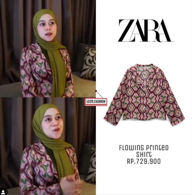 Dalam salah satu kesempatan Lesti Kejora terlihat mengenakan luaran semi blazer bermotif. Luaran dengan perpaduan warna ungu, pink, dan hijau itu dipadukan dengan kerudung berwarna hijau. Diketahui bahwa luaran yang dipakai oleh Lesti itu berasal dari merek Zara. Flowing Printed Shirt dibanderol dengan harga sekitar Rp 729 ribu. Foto: Instagram/@lesti.fashion