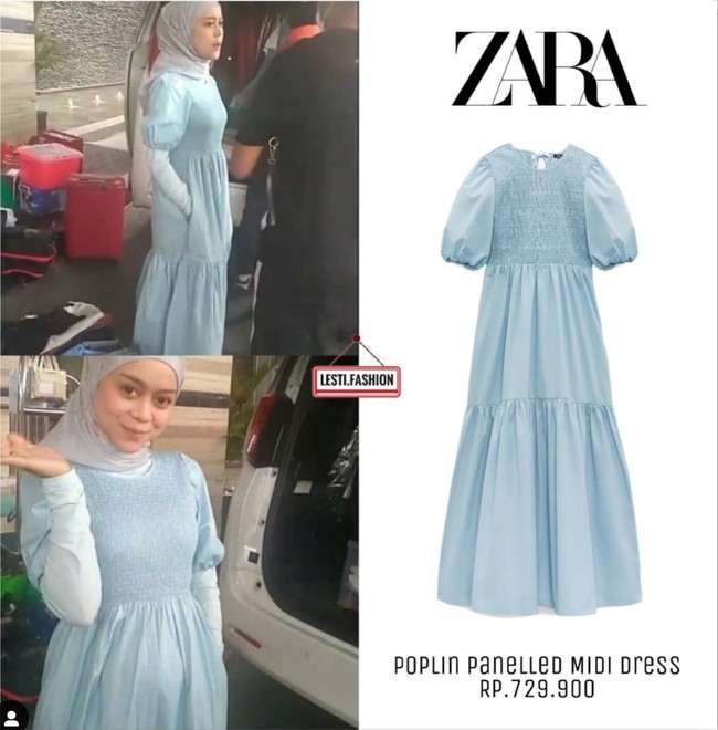 Tampil dengan dress panjang berwarna biru, Lesti Kejora terlihat mempesona. Dress dengan rok ruffle itu memiliki lengan balon yang pendek. Poplin Panelled Midi Dress keluaran Zara dibanderol dengan harga sekitar Rp 729 ribu. Untuk menutupi tangannya, Lesti tampak menambahkan manset berwarna senada. Foto: Instagram/@lesti.fashion
