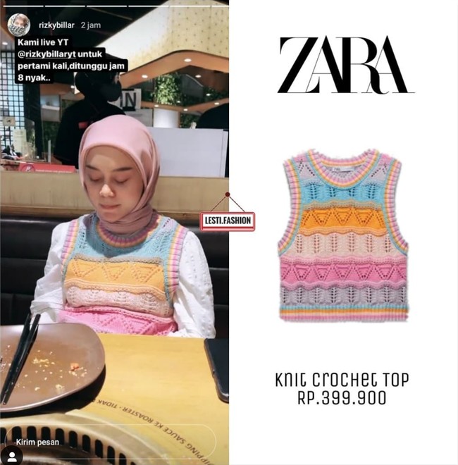 Beginilah gaya Lesti Kejora saat mengenakan rompi knit berwarna pastel. Perpaduan warna biru, kuning, krem, ungu, dan pink membuat penampilan Lesti terlihat lebih berwarna. Knit Crochet Top dari Zara seharga Rp 399 ribu itu dipadukan dengan blouse putih sebagai dalamannya. Foto: Instagram/@lesti.fashion