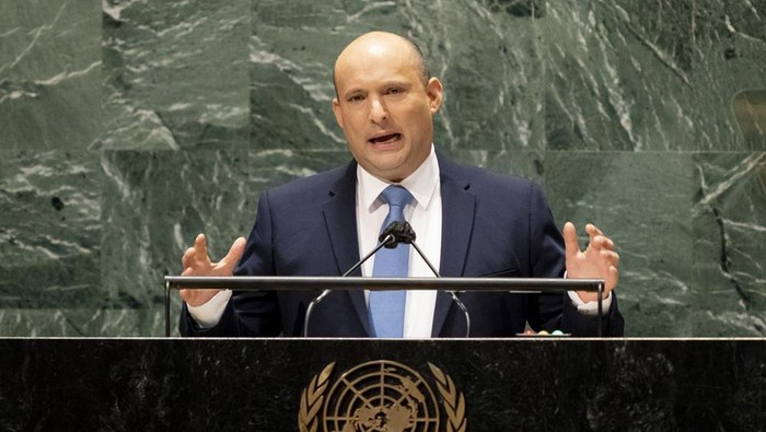 Israels prime minister Naftali Bennett addresses the 76th Session of the United Nations General Assembly, Monday, Sept. 27, 2021, at U.N. headquarters. (AP Photo/John Minchillo, Pool)