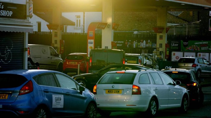 Petrol pumps out of use at a petrol station in London, Wednesday, Sept. 29, 2021. Prime Minister Boris Johnson sought to reassure the British public Tuesday that a fuel-supply crisis snarling the country was “stabilizing,” though his government said it would be a while before the situation returns to normal. Johnsons government has put army troops on standby to help distribute gasoline and help ease a fuel drought, triggered by a shortage of truck drivers, that has drained hundreds of pumps and sent frustrated drivers on long searches for gas. (AP Photo/Frank Augstein)