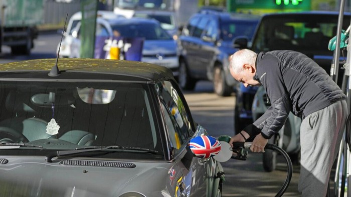 Petrol pumps out of use at a petrol station in London, Wednesday, Sept. 29, 2021. Prime Minister Boris Johnson sought to reassure the British public Tuesday that a fuel-supply crisis snarling the country was “stabilizing,” though his government said it would be a while before the situation returns to normal. Johnsons government has put army troops on standby to help distribute gasoline and help ease a fuel drought, triggered by a shortage of truck drivers, that has drained hundreds of pumps and sent frustrated drivers on long searches for gas. (AP Photo/Frank Augstein)