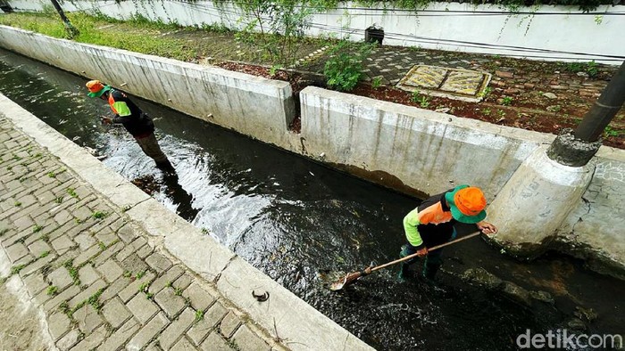 Memasuki musim hujan, petugas PPSU membersihkan sampah yang menyumbat saluran air di Jalan Letjend Soeprapto, Jakarta Pusat, Kamis (29/9/2021).