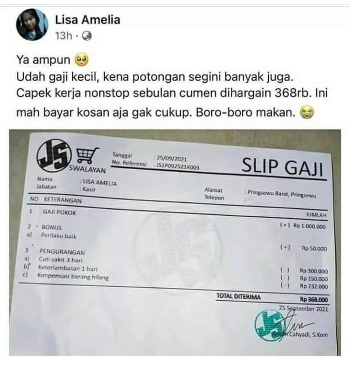 Cerita pegawai swalayan di Lampung gajinya dipotong, dipecat, didenda hingga dijerat UU ITE ramai dibahas di medsos. Begini faktanya. (dok Istimewa)