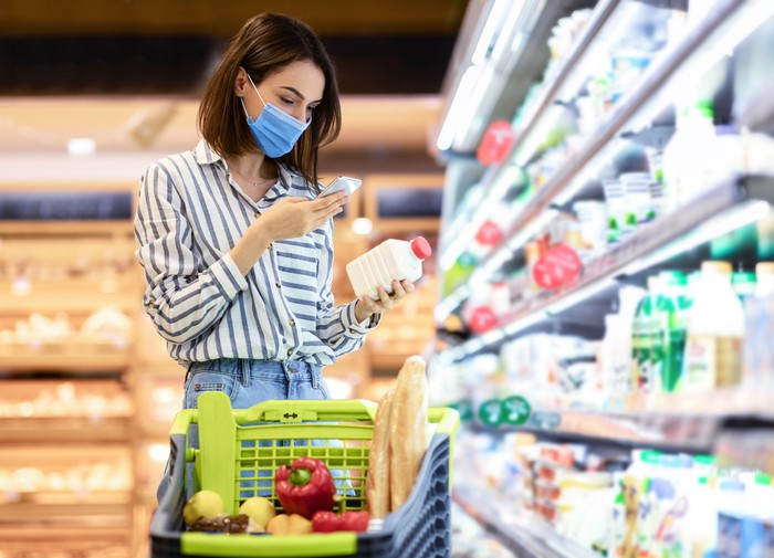 Ilustrasi Pasar Young woman in disposable face mask taking dairy products from shelf in the supermarket, holding bottle and smartphone, scanning bar code on product through mobile phone, walking with trolley cart