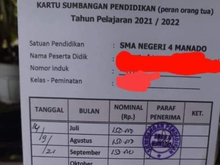 Kartu sumbangan sekolah yang diduga pungli ke siswa SMAN 4 Manado. (dok. Istimewa)