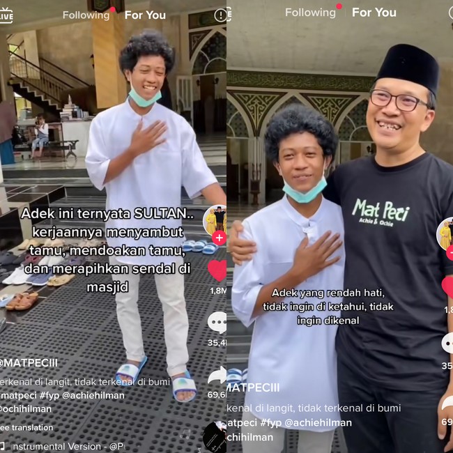 Video tentang remaja tersebut dibagikan oleh akun TikTok @matpeciii. Dalam video terlihat remaja yang berambut keriting dan memakai baju koko putih itu sedang menyambut orang yang ingin beribadah. Walaikumsalam silakan, sandalnya boleh ditaruh sebelah sini, ucap remaja tersebut. Foto: Dok. Tangkap layar akun TikTok @matpeciii.