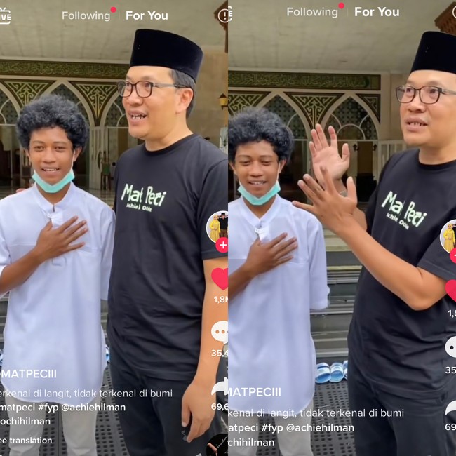 Mat Peci mengatakan jika remaja tersebut merupakan anak dari pemilik masjid dan hotel mewah di Ciater. Ia pun berbincang singkat dengan remaja tersebut. Adek ini ternyata sultan. Kerjaannya menyambut tamu, mendoakan tamu, dan merapihkan sandal di masjid. Alhamdulillah Mat Peci meliihat adek ini lagi. Terkenal di langit, tidak terkenal di bumi #matpeci #fyp @achiehilman @ochihilman, tulis akun TikTok @matpeciii (28/9/2021).  Foto: Dok. Tangkap layar akun TikTok @matpeciii.