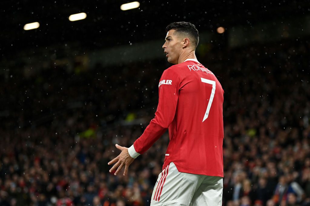 MANCHESTER, ENGLAND - SEPTEMBER 29: Cristiano Ronaldo of Manchester United reacts during the UEFA Champions League group F match between Manchester United and Villarreal CF at Old Trafford on September 29, 2021 in Manchester, England. (Photo by Michael Regan/Getty Images)
