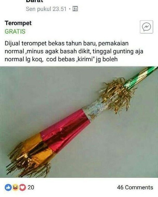 Pasti kamu nggak akan terpikir sebelumnya untuk menjual terompet bekas kan? Ide netizen yang satu ini benar-benar bikin bengek. Dijamin virus Corona makin merajalela deh kalau gini caranya. Foto: instagram.com/@meme.wkwk