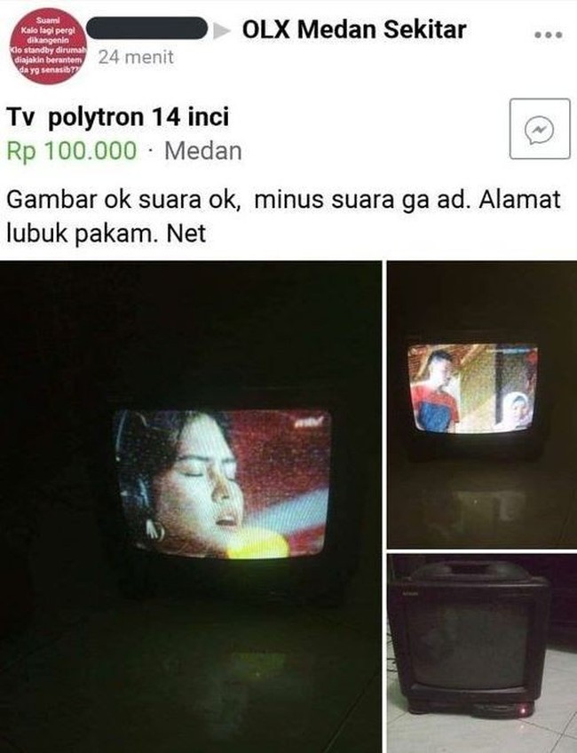 Jual TV tapi nggak ada suaranya. Kalau kayak gini berarti penontonnya disuruh nebak-nebak sendiri kali ya? Kalau ada yang jual TV kayak gini kamu mau beli nggak? Foto: instagram.com/@meme.wkwk