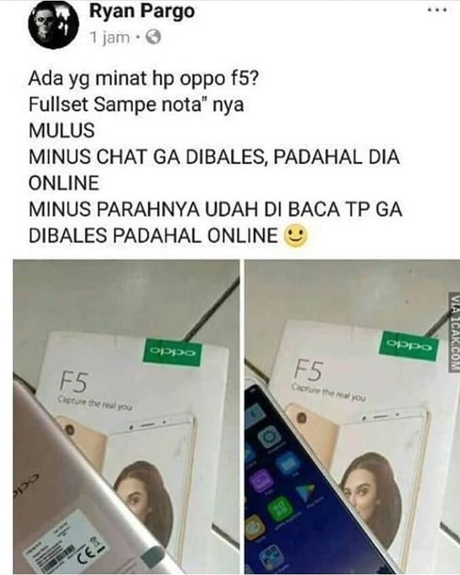 Kalau ini minusnya sih chatnya aja yang nggak dibalas-balas sama doi. Sampai jadi curhat gitu penjualnya. Yang sabar ya mblo, mungkin memang doinya yang perlu diganti, bukan hpnya. Foto: instagram.com/@meme.wkwk