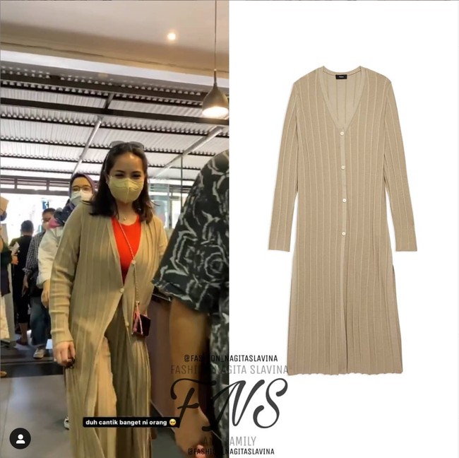 Jika dilihat sekilas tidak ada yang spesial dari cardigan panjang berwarna coklat yang dikenakan oleh Nagita. Namun ternyata cardigan itu berasal dari merek Theory. Wide Ribbed Cardigan in Empire Wool itu dibanderol dengan harga sekitar Rp 6,9 juta. Cardigan tersebut tampak dipadukan dengan kaos berwarna merah dan celana panjang berwarna senada. Foto: Instagram/@fashion_nagitaslavina