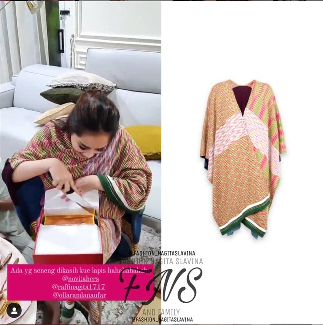 Dalam foto yang satu ini Nagita Slavina terlihat mengenakan cardigan motif berwarna coklat, hijau, pink, putih, dan kuning. Dilansir dari akun Instagram @fashion_nagitaslavina, cardigan tersebut berasal dari merek pakaian asal Italia, Missoni. Cardigan bernama Cloak itu dibanderol dengan harga sekitar Rp 19,3 juta. Foto: Instagram/@fashion_nagitaslavina