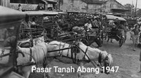 Banyak delman berjejer di Pasar Tanah Abang sebagai alat transportasi pada tahun 1947. Facebook/Iash Astha  