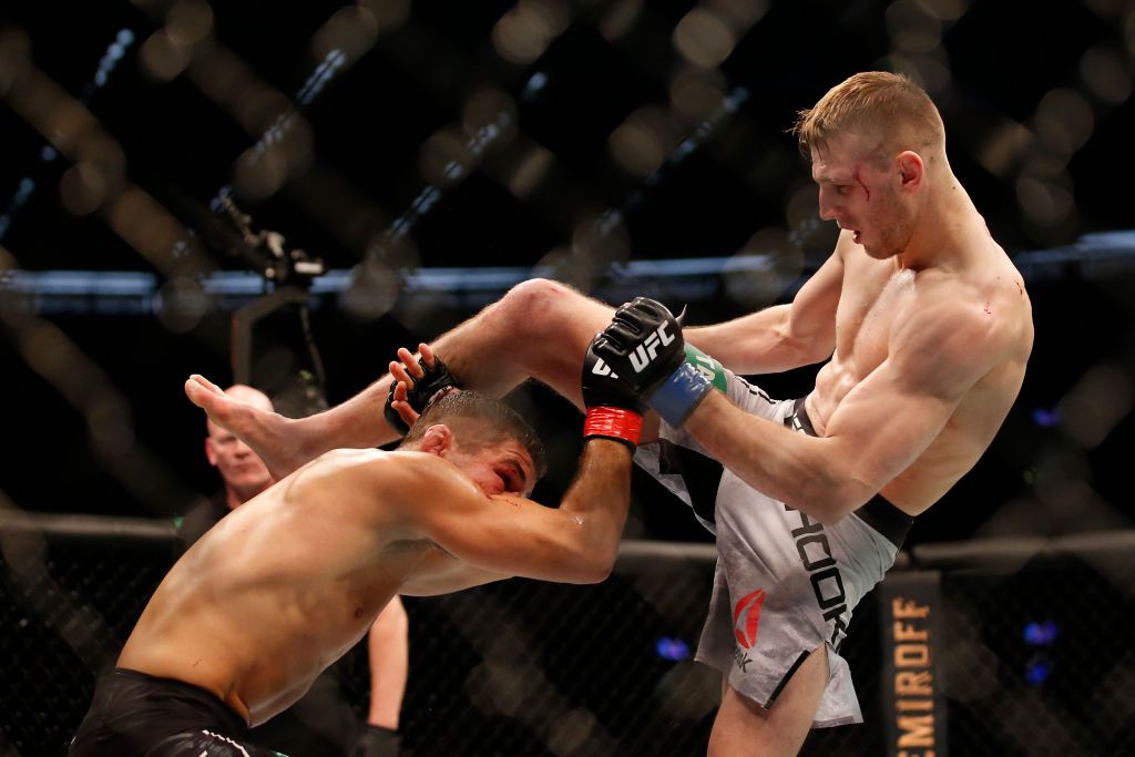 MELBOURNE, AUSTRALIA - OCTOBER 06: Dan Hooker of New Zealand and Al Iaquinta of the United States fight in their Lightweight bout during UFC 243 at Marvel Stadium on October 06, 2019 in Melbourne, Australia. (Photo by Darrian Traynor/Getty Images)
