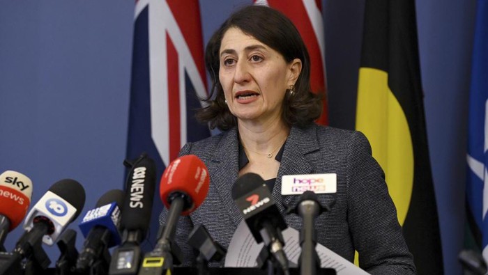 New South Wales Premier Gladys Berejiklian announces her resignation in Sydney, Friday, Oct. 1, 2021. The leader of Australias most populous state quit as premier after an anti-corruption watchdog revealed it was investigating her over a secret relationship with a former lawmaker. (Bianca De Marchi/AAP Image via AP)
